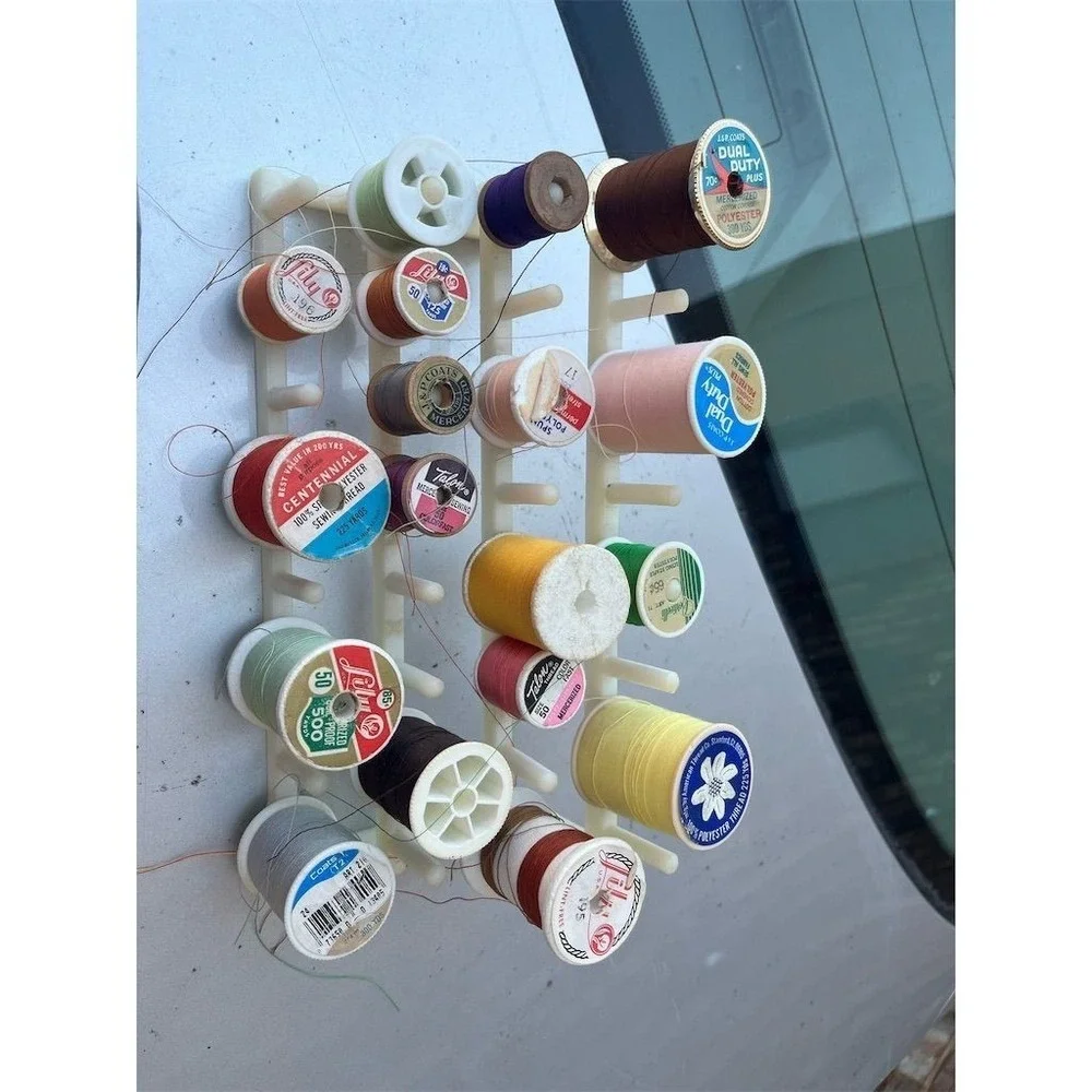 Vintage Sewing Thread Organizer with Assorted Spools Multi-Color